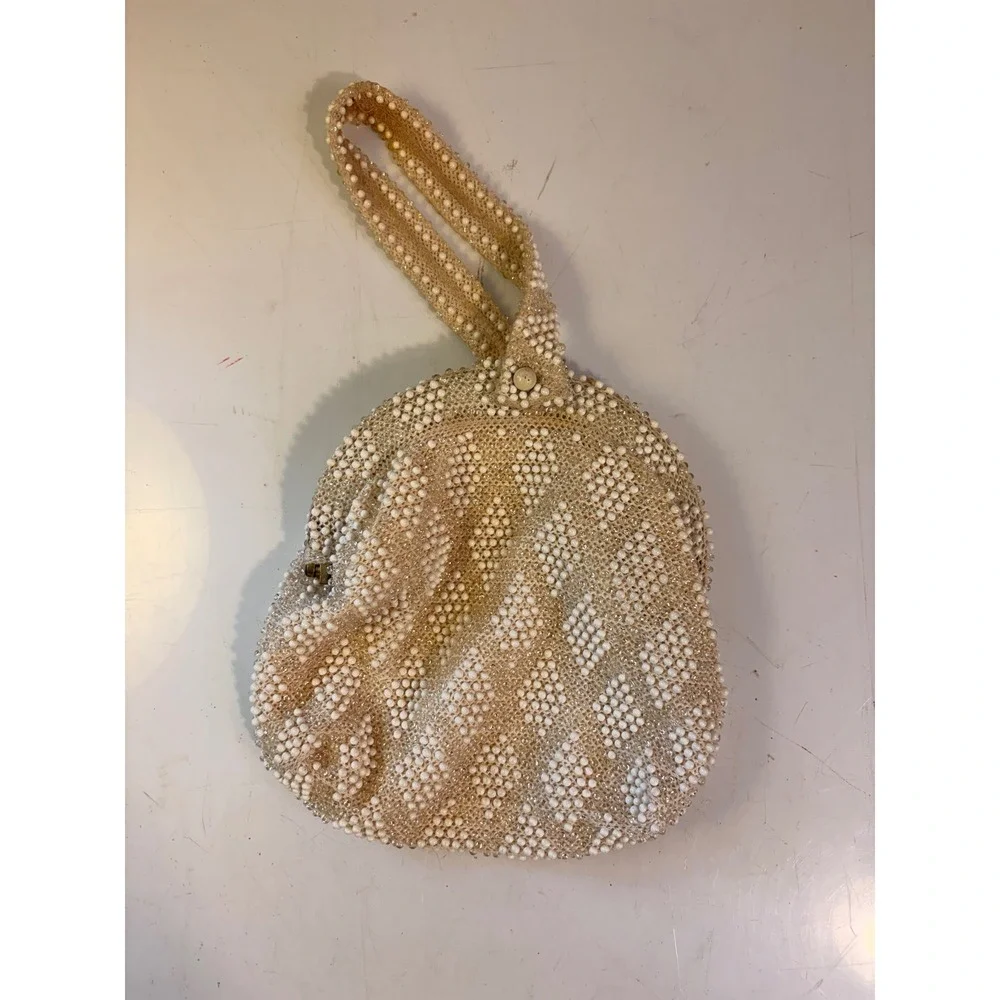 Vintage Beaded Wristlet Clutch Cream White Diamond Pattern Evening Bag 5.5" - Picture 1 of 8